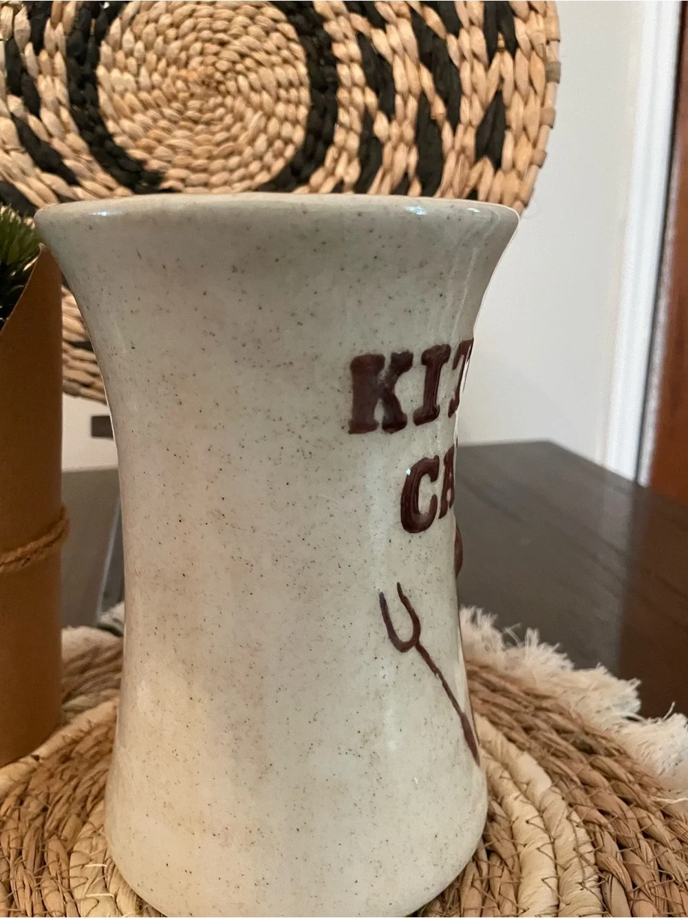 Vintage Cream Ceramic Kitchen Caddy with Brown Lettering